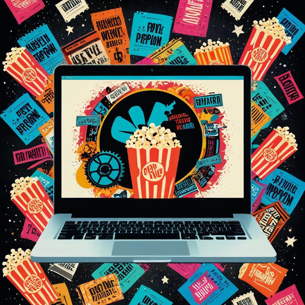 A vibrant collage showcasing iconic movie posters, represented in a stylized way, with film reels and popcorn scattered around. The focal point should be a glowing laptop displaying a play button, symbolizing free movie reviews. Bright colors and dynamic elements to represent excitement and modernity. Movie genres like action, romance, and horror subtly blended into the background. super-realistic. vibrant colors. digital art.