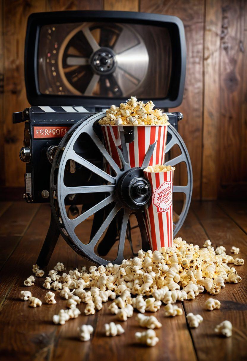 A film reel spilling vibrant movie tickets, surrounded by popcorn and a vintage projector casting light on a filmstrip featuring various genres like action, romance, and comedy. In the background, a cozy living room with a sofa and a big screen showing a cinematic landscape. The image should evoke a sense of adventure in movie watching and honest reviews. super-realistic. vibrant colors. cozy setting.